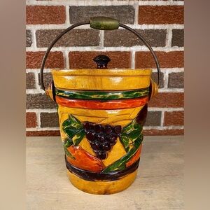 Wooden Ice Bucket Fruit‎ Grapes Strawberries Hand Carved Lid Handle